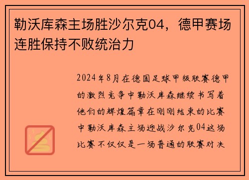 勒沃库森主场胜沙尔克04，德甲赛场连胜保持不败统治力