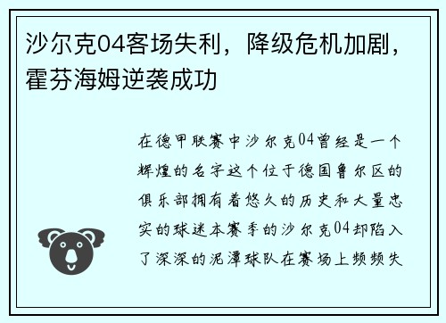 沙尔克04客场失利，降级危机加剧，霍芬海姆逆袭成功